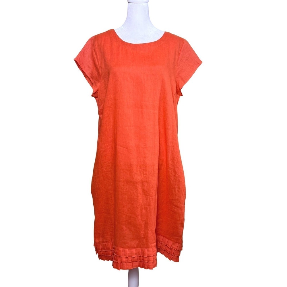FOIL Linen Shift Dress Womens 10 Orange Pleated Hem Cap Sleeve Coastal Lagenlook